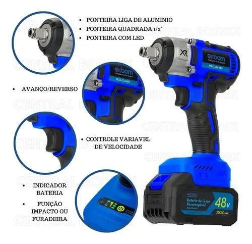 Pneumática Chave De Impacto 48v Furadeira Parafusadeira 2 Bateria 20000 mAh Motor s Escova Bivolt - Exbom