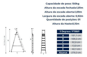 Escada De Alumínio Comfort 5 Degraus Até 150kg Alumasa