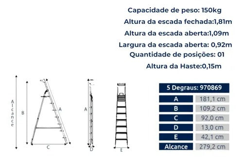 Escada De Alumínio Comfort 5 Degraus Até 150kg Alumasa